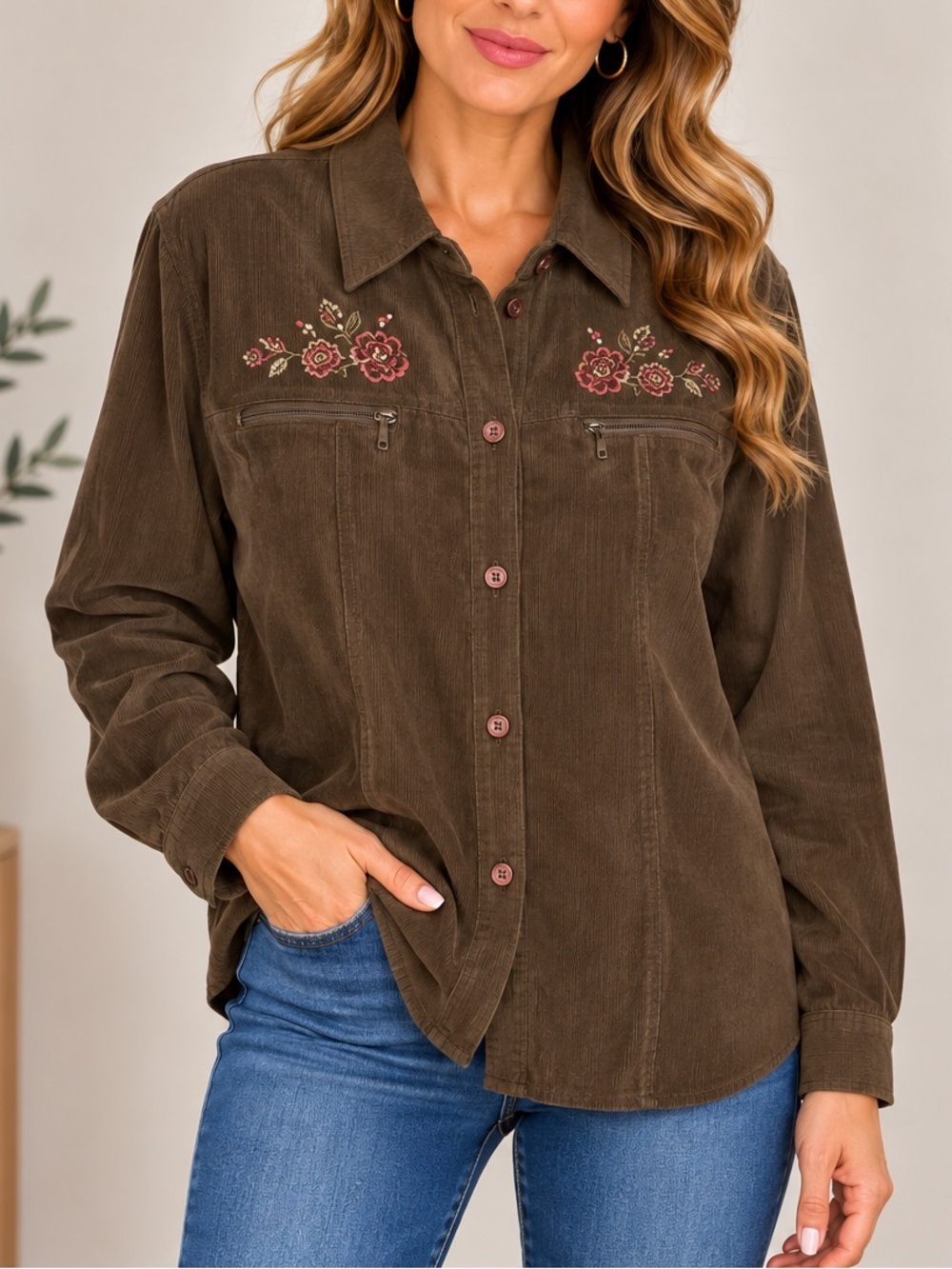 Vintage Allison Daley Embroidered Shirt Brown